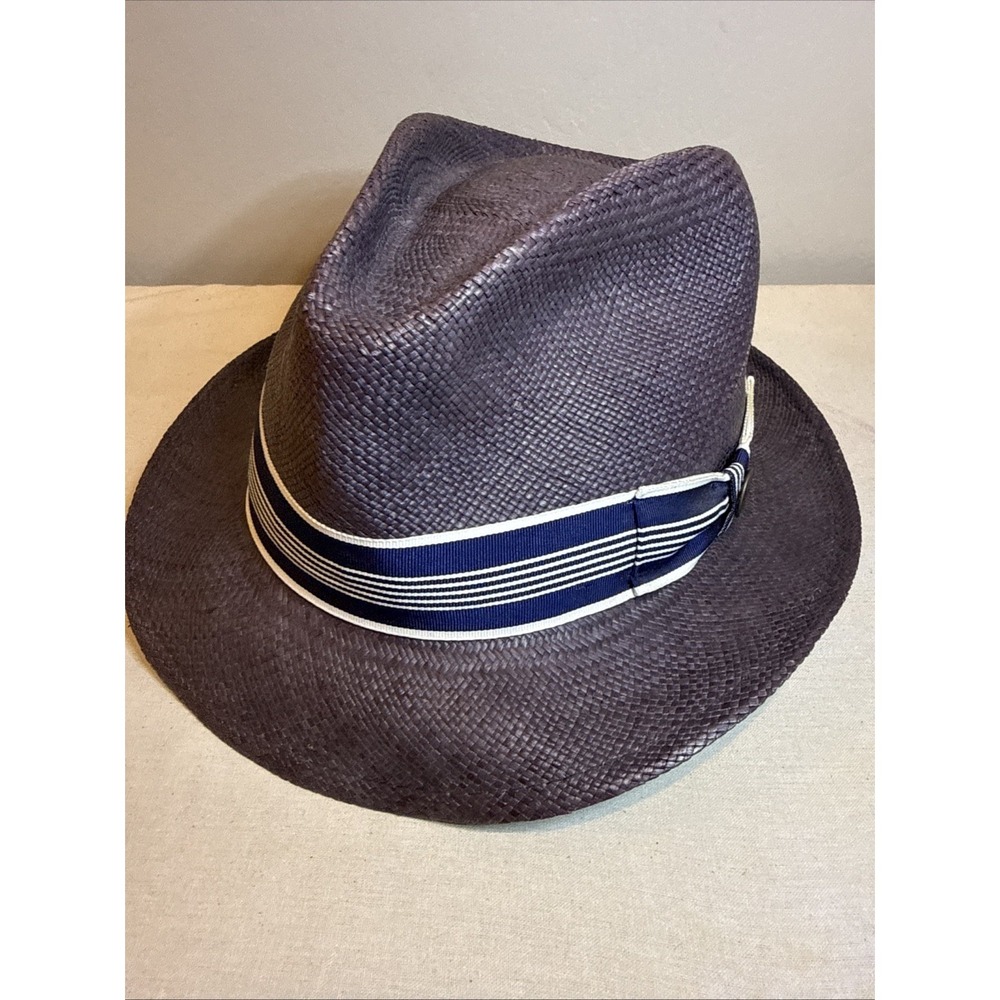Vintage Goorin Bros Genuine Panama Hat XL Brown Blue Stripe Grosgrain Fedora